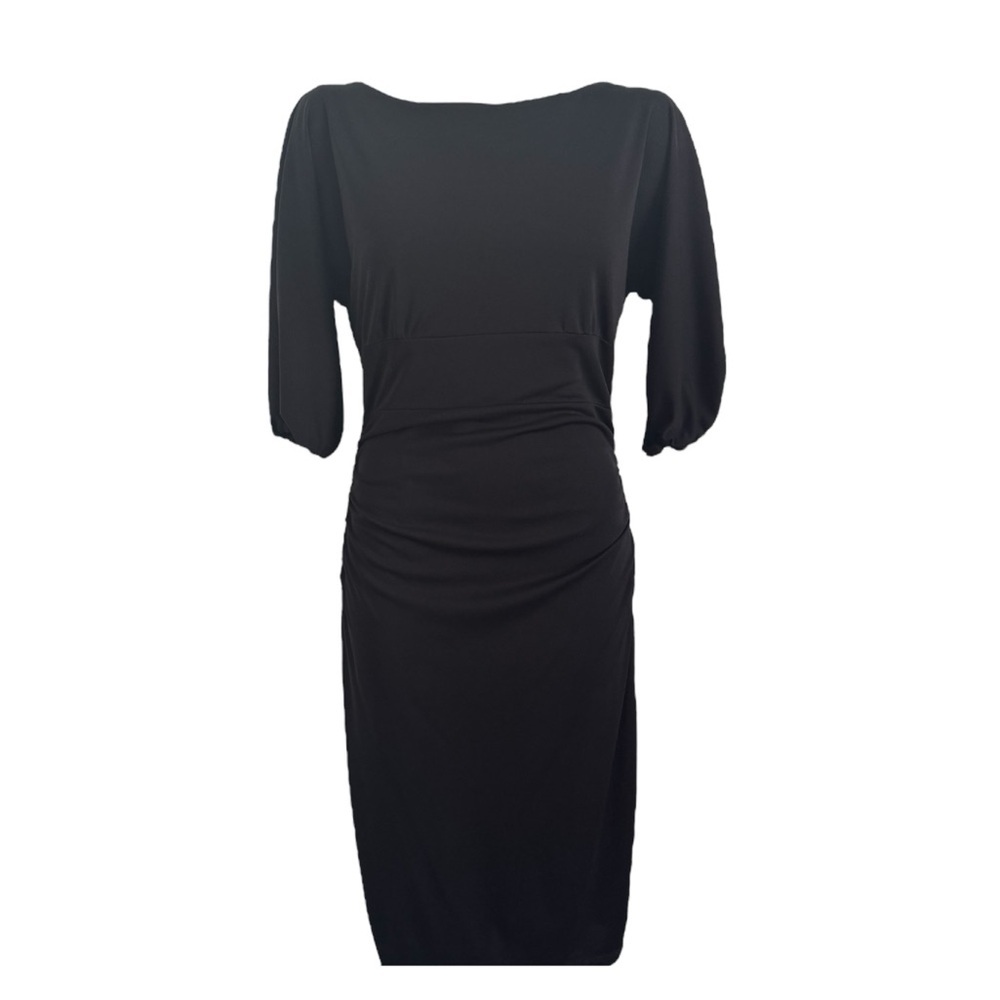 DAVID MEISTER BLACK RUSHED HALF SLEEVES LBD LITTLE BLACK DRESS SZ 10 - Picture 2 of 5